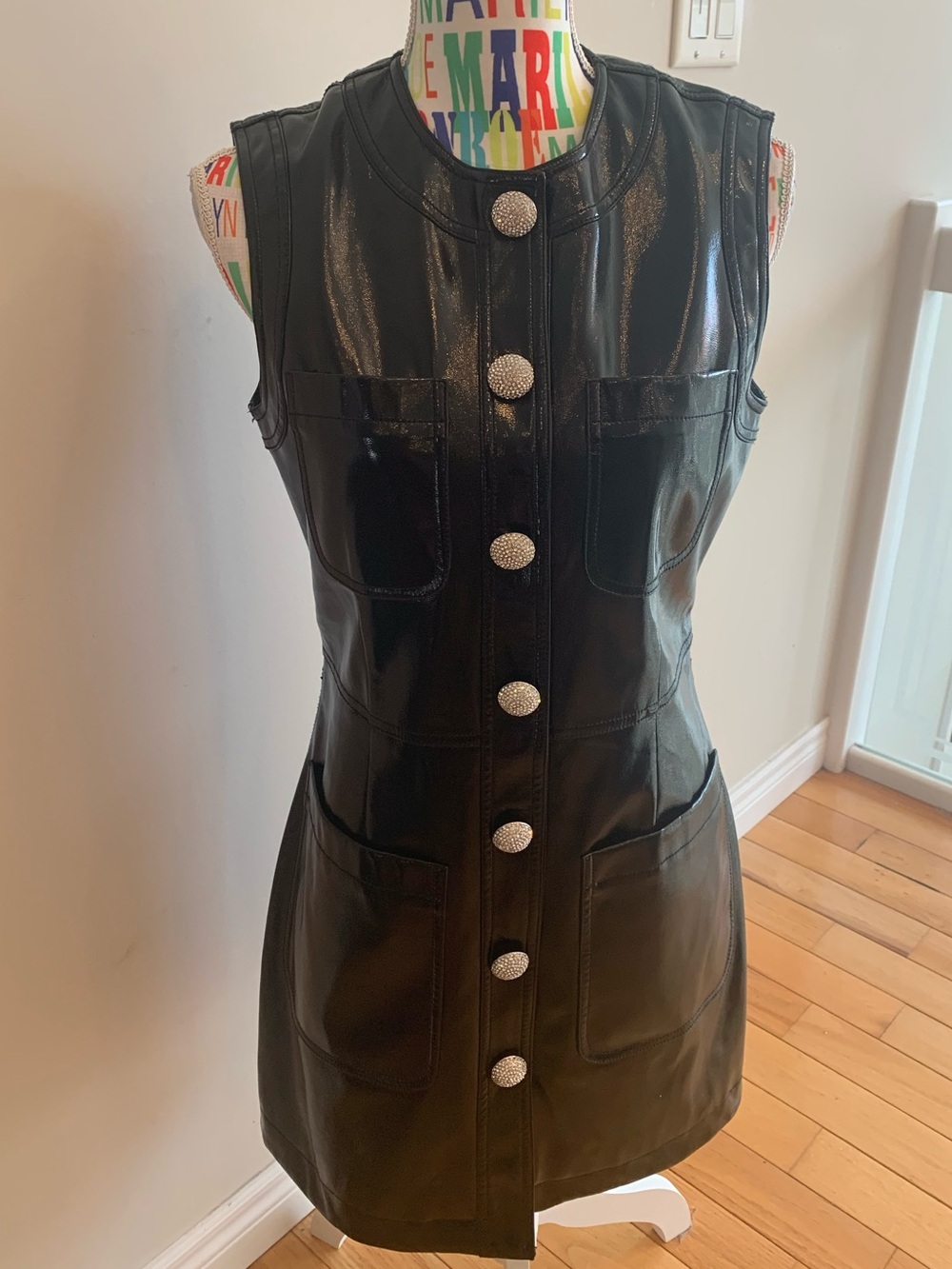 Ronny Kobo Collection Black Sleeveless Faux Leather Button-Front Dress